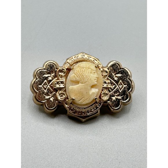 Vintage Genuine Carved Shell Cameo Pin Brooch Victorian Revival Gold Tone Ornate - Picture 3 of 6